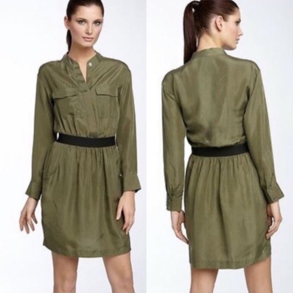 Theory Silk ‘Mettie’ Dress Olive Green Sheath A-Line Long Sleeve Slip On Size 10